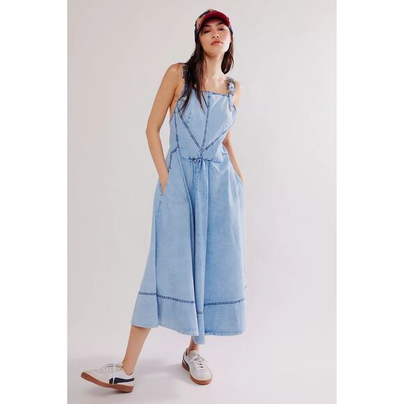Free People Stars Align Midi Dress Cotton Linen Blend Sleeveless S-4 NWD  284715 - www.ice4pros.com.br